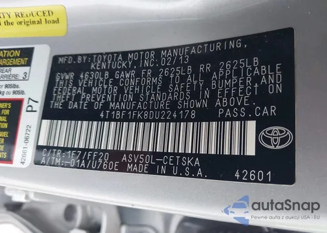 2013 Toyota Camry Se из США, поврежденный, VIN 4T1BF1FK8DU224178